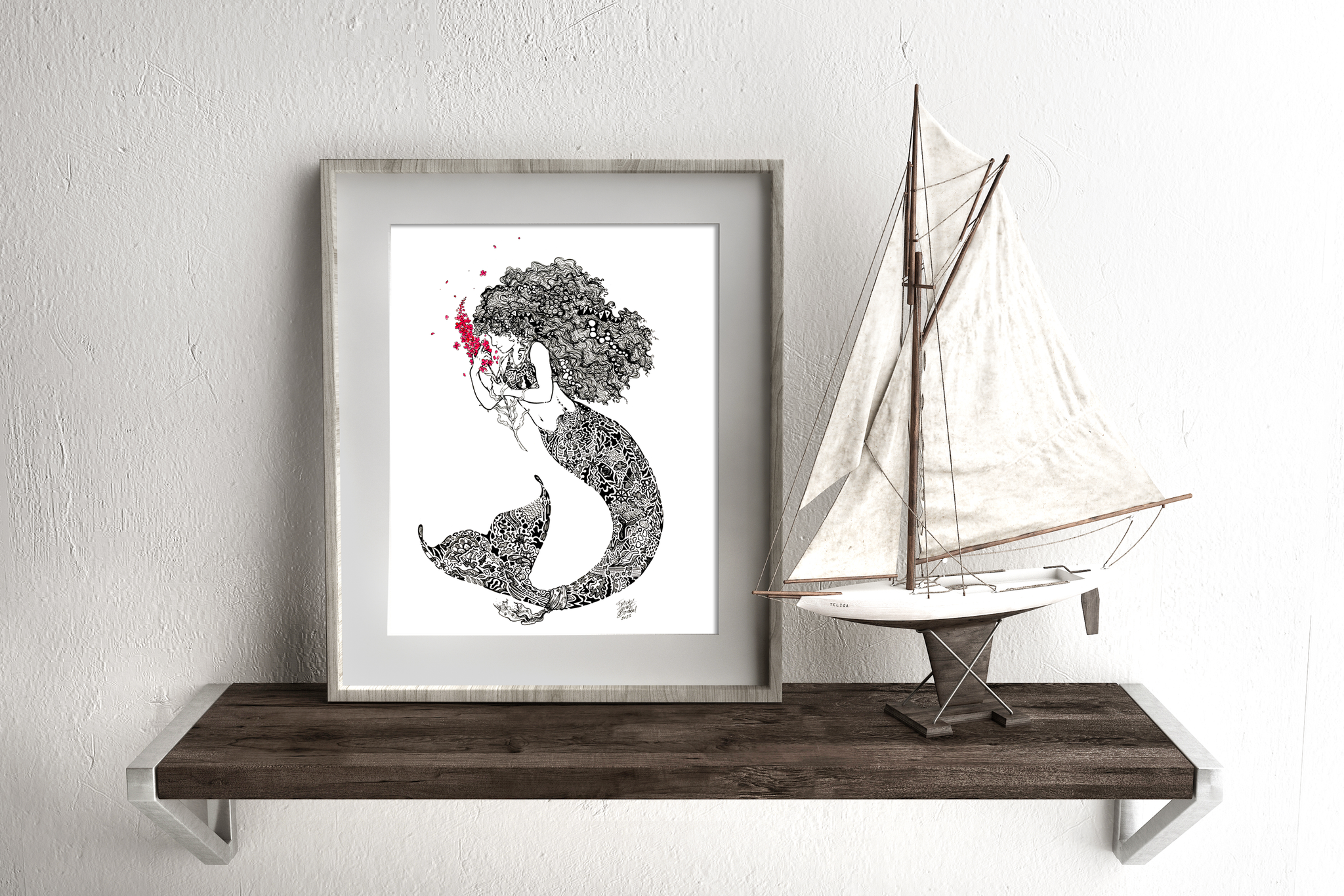 "Doodle Musing Mermaid"  - Doodle Art - Fine Art Print